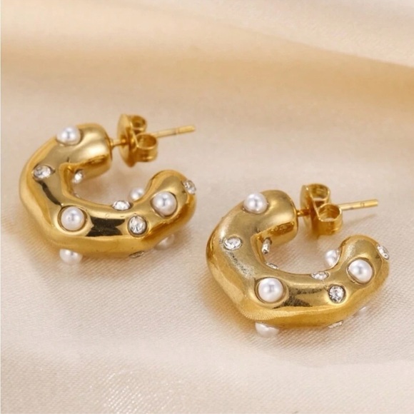 Jewelry - “Bella” Gold Plated Pearl and Diamond  chunky Hoops
